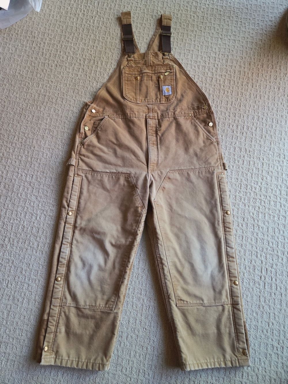 VINTAGE Carhartt Double Knee Quilt Lined Overalls Sunfaded Brown Canvas 44x28
